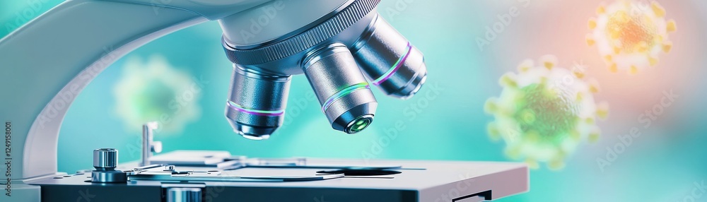 Poster a close-up of a microscope with a vibrant background, highlighting microscopic views of virus-like p