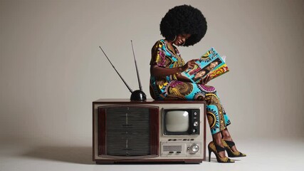 Stylish woman with afro hairstyle reading a book while sitting on a retro tv set. The colorful attire and classic television create a striking contrast between modern and vintage aesthetics
