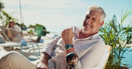 Face, senior man and smile at resort of retirement getaway, travel location and hospitality service. Portrait, happy or elderly person at luxury hotel, summer vacation and weekend trip at destination