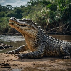 Fototapeta premium A majestic crocodile basking on a riverbank. large alligators cross a trail in Florida park A majestic crocodile basking on a riverbank. A monitor lizard by a riverbank, with crocodiles and water 