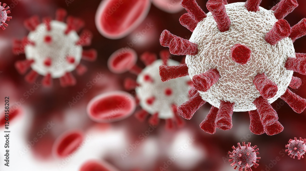 Poster a close-up view of virus particles, showcasing their structure and surrounding red blood cells, emph