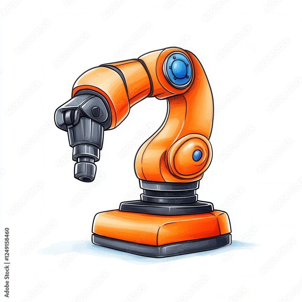 Poster orange industrial robot arm with articulated joint for automated manufacturing processes and tasks