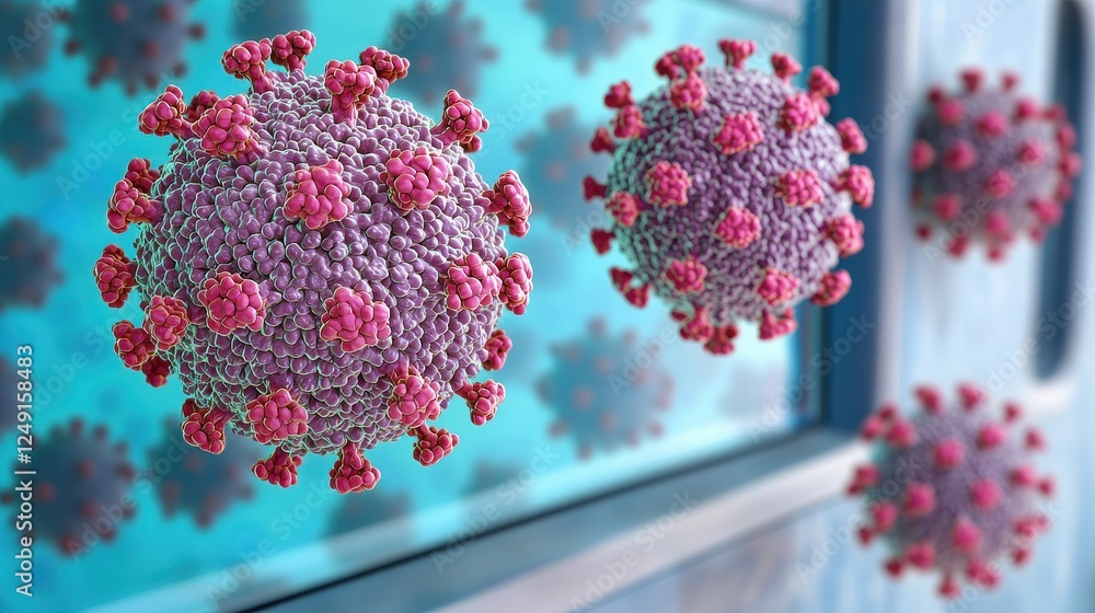 Poster a close-up view of covid-19 virus particles, displaying their distinctive structure and colors again