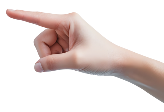 Close-up of hand pointing with finger isolated on transparent background.