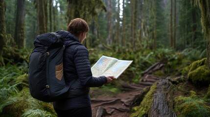 Fototapeta premium A woman is looking at a map while hiking in the woods