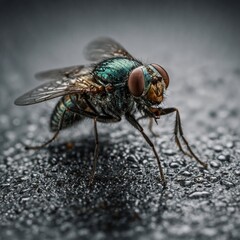 Close-up captures fly, glistening with vibrant green, metallic hues, standing amidst dewdrops. Intricate details of wings, body texture, compound eyes highlighted, showcasing mix of natural beauty. 