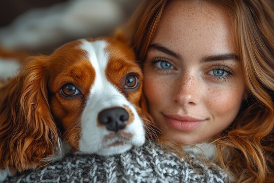 A smiling young woman in the kitchen, accompanied by her Cocker Spaniel, uses her laptop for a video call to her friends and family