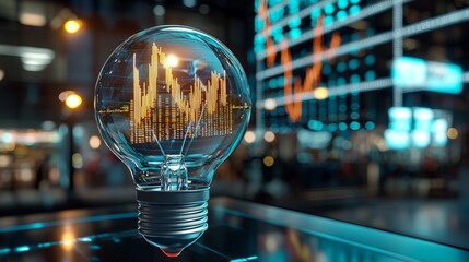 Innovative data visualization using light bulb concept urban cityscape digital art nighttime environment close-up viewpoint technology illustration for seo impact