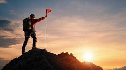 Obraz premium A man standing on a mountain with a red flag in his hand
