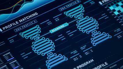 DNA Helix analysis visualization data, genome sequence ui screen, futuristic genetic engineering lab infographic interface, 3D biotechnology scan report dashboard, medical science technology backgound