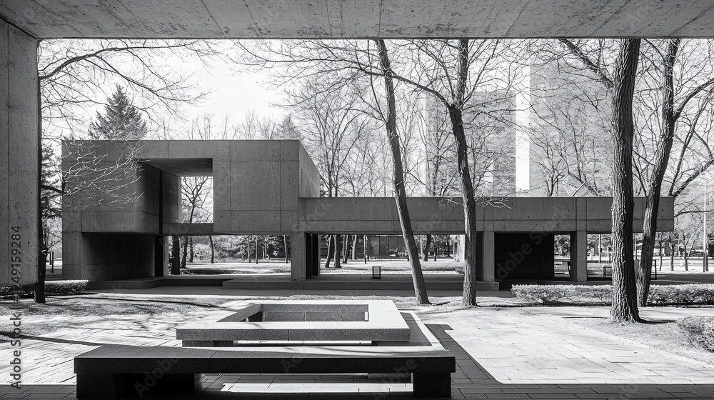 Poster modern concrete architecture courtyard, outdoor space, light and shadow, possible use in architectur
