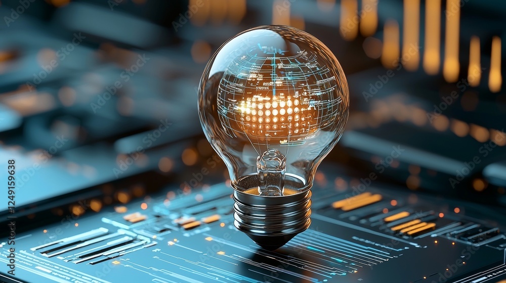Poster illuminating technology a light bulb concept on digital circuit board high-tech environment close-up