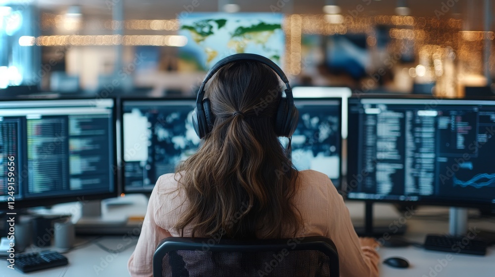 Aufkleber focused professional working at multiple computer screens in a modern office environment