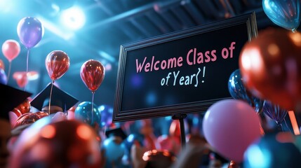 A sign that says "Welcome Class of Year!" is surrounded by many balloons