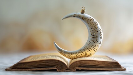 Decorative crescent moon ornament placed on an open ancient book with intricate designs, showcasing cultural artistry and symbolism
