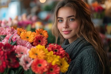 Naklejka premium woman selecting vibrant flowers from a market stall for all saints day surrounded by colorful blooms and a festive atmosphere embodying the spirit of celebration