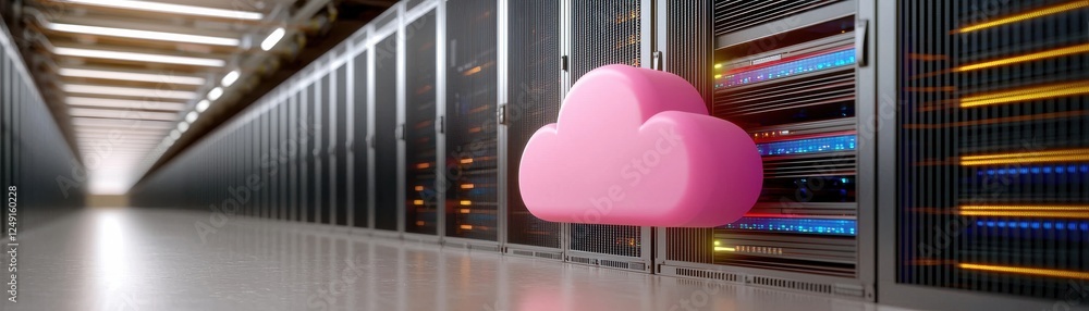 Poster a modern data center featuring rows of servers, with a stylized pink cloud symbolizing cloud computi