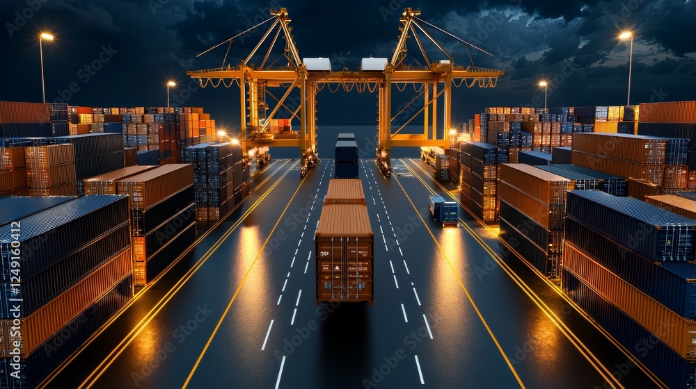 Poster efficient container loading operations at a busy shipping port industrial infrastructure nighttime s