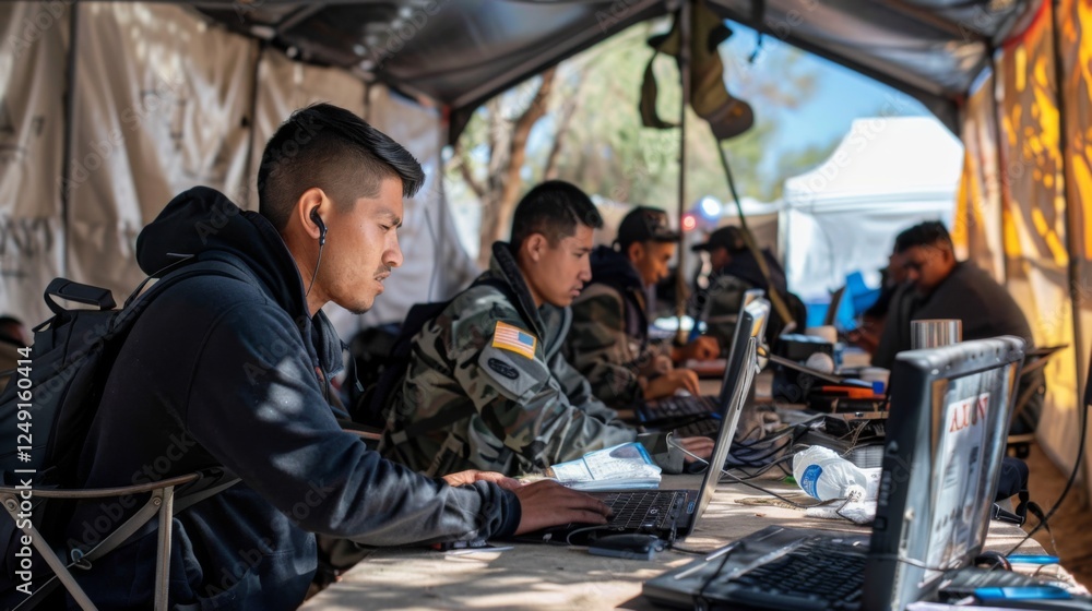 Poster group of young individuals seated at tables inside a tent, concentrating on their laptops while surr