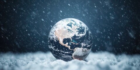 A globe representing Earth surrounded by falling snow, creating a serene, wintry atmosphere that emphasizes the beauty of our planet.