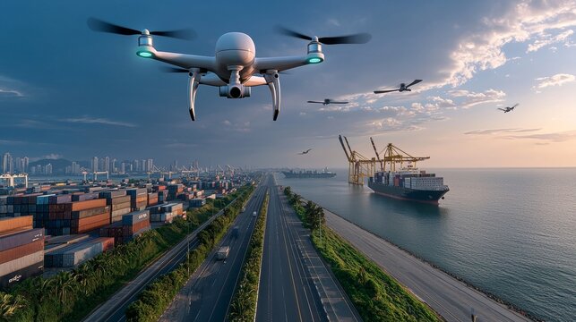 Innovative drone operations over port and city coastal area aerial photography urban environment elevated view modern technology integration