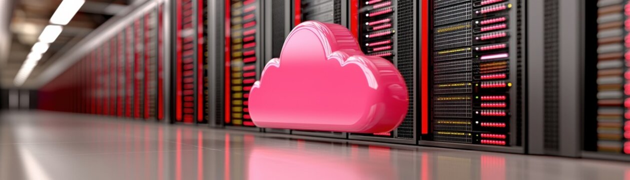 A stylized pink cloud floats in a server room filled with rows of data storage, symbolizing cloud computing and digital technology.