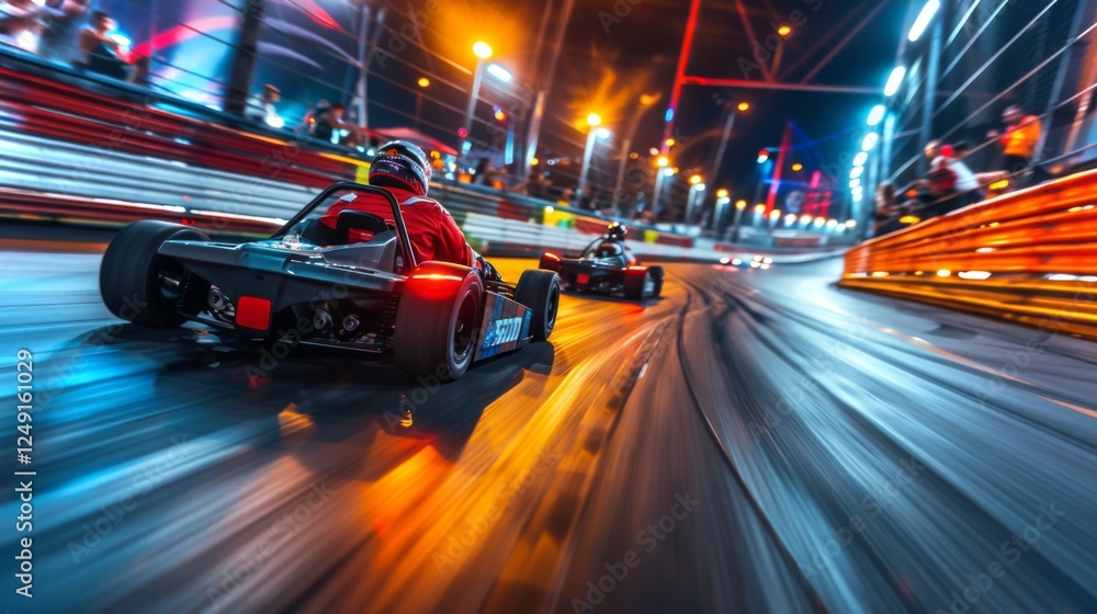 Poster two go karts speed around a brightly lit track during a thrilling night racing event, surrounded by 