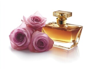 A bottle of perfume and pink roses on a white background, isolated on the right side of the picture, flat lay photography, stock photo, simple composition, feminine, vibrant colors,