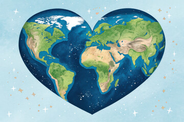 Fototapeta premium Heart-shaped earth illustration surrounded by stars on a blue background, Day of Peace