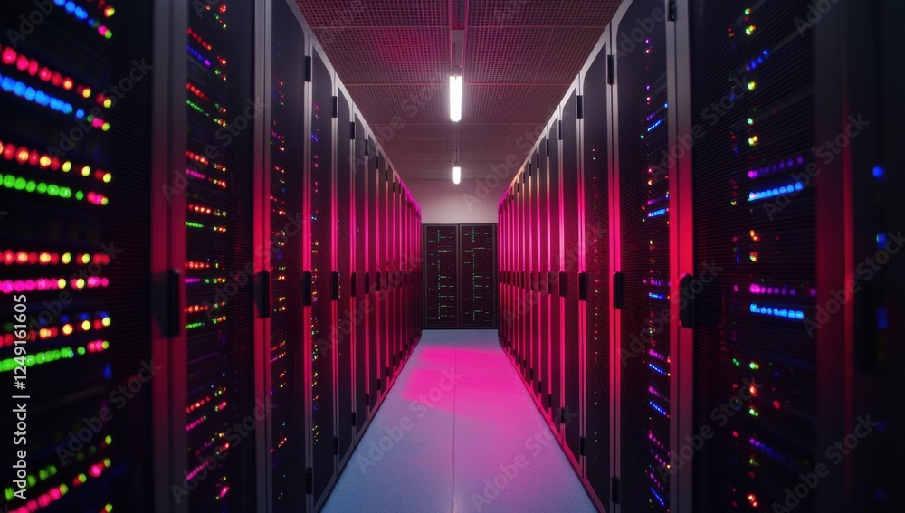 Poster Server cabinets illuminating data center with colorful lights in modern network infrastructure
