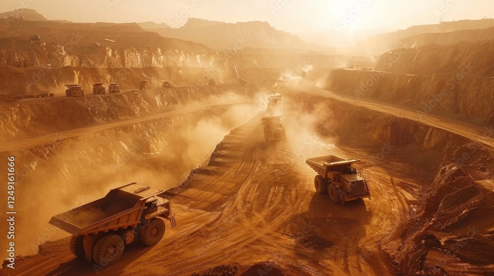 Leinwandbilder large dump trucks navigate through a dusty open pit mine at sunset, creating a dramatic landscape fi