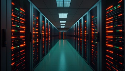 Obraz premium Server cabinets storing digital information inside a modern data center