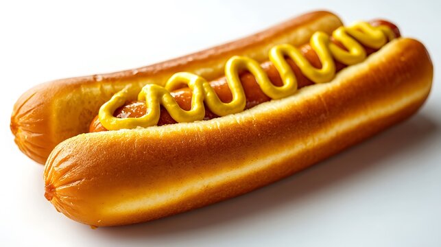 A golden-brown corn dog with a swirl of mustard, neatly placed on a plain white background