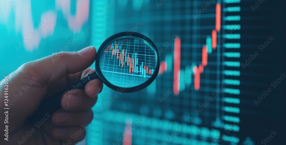 Poster businessman analyzing financial market data with magnifying glass and growth chart on virtual screen