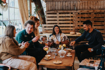 A joyful group of friends sharing food and laughter in a cozy indoor environment. The warm atmosphere and natural decorations create a welcoming and pleasant gathering scene filled with happiness and