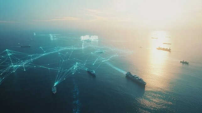 Navigating the future maritime shipping vessels connected through technology ocean environment aerial view innovation in logistics
