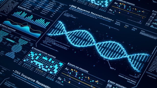 DNA Helix analysis visualization data, genome sequence ui screen, futuristic genetic engineering lab infographic interface, 3D biotechnology scan report dashboard, medical science technology backgound