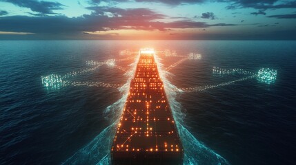 Illuminated cargo ship navigating through the ocean at sunset digital art futuristic environment aerial view maritime concept