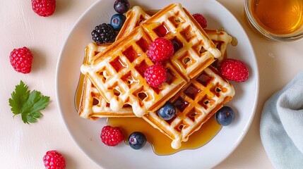 Delicious Breakfast Waffles with Fresh Berries and Maple Syrup