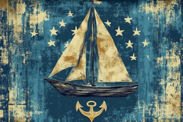 Vintage sailing graphics featuring a sailboat, stars, and an anchor in shades of blue and gold