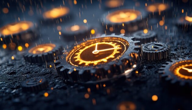 Maximize efficiency and unlock potential with this abstract representation of time management Witness glowing digital gears interlock, symbolizing productivity and speed, as the ticking clock