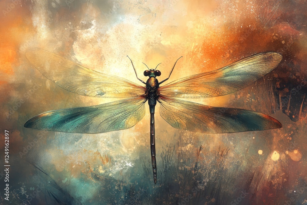 Poster vibrant dragonfly with intricate wings captured in a colorful and abstract artistic representation