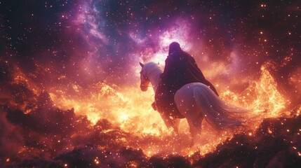 Obraz premium A hooded figure on a white horse rides through a fiery, cosmic landscape.