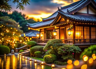 Serene Asian House at Dusk, Bokeh Lights, Soft Focus,  Peaceful Garden