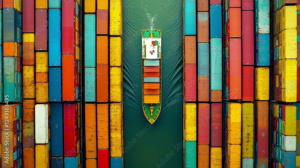 Aufkleber cargo ship navigating through colorful container stacks in busy port aerial view of maritime industr