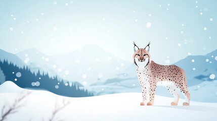 Illustration of a lynx standing alert on a snowy hillside