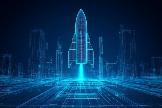 Photo Futuristic Digital Wireframe Rocket with Blue Background