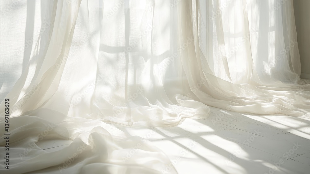 Poster bright white room with sheer curtains allowing sunlight to stream through for a calm and inviting at