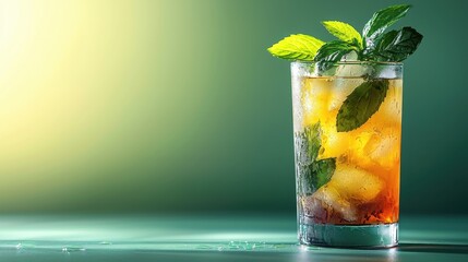A refreshing glass of iced tea garnished with mint leaves, resting on a smooth surface against a soft gradient background.