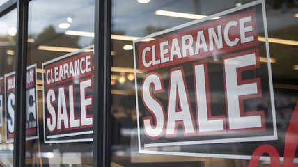 Clearance sale signs displayed prominently in store windows, attracting shoppers with enticing discounts and promotions, reflecting the excitement and urgency of retail bargains.